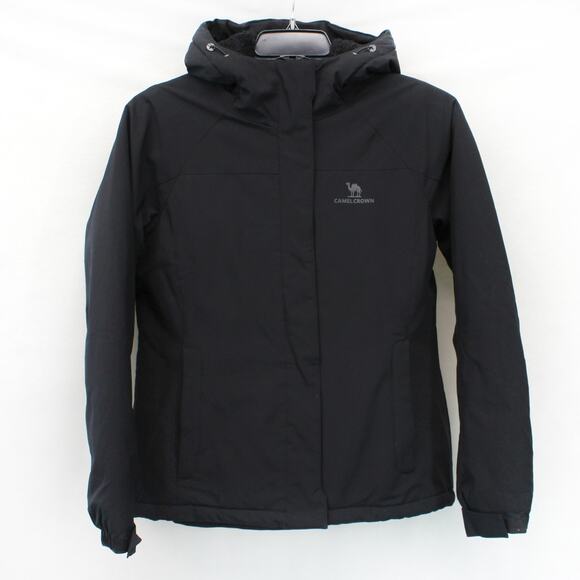 Camel Crown Black Quilted Jacket Coat Sherpa Lined Hooded Outdoor Pockets Small - Picture 1 of 6